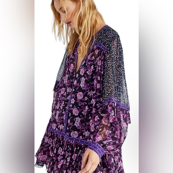 Free People Rosebud print mix mini dress tunic black combo floral - Picture 1 of 11